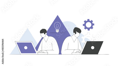 Two business partners working together on laptops with creative ideas and problem solving