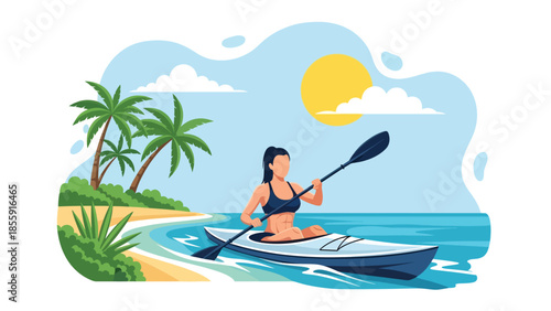Modern vector illustration of people kayaking on calm tropical sea with islands in background, outdoor adventure vacation scene, ideal for travel visuals
