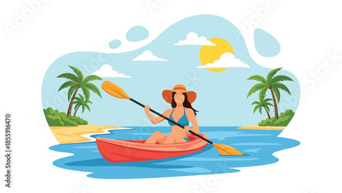 Modern vector illustration of people kayaking on calm tropical sea with islands in background, outdoor adventure vacation scene, ideal for travel visuals