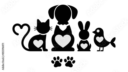 Loving Companions: A heartwarming silhouette, featuring a cat, dog, rabbit, and bird with hearts, with the impression of paws, symbolizing unconditional love, and friendship