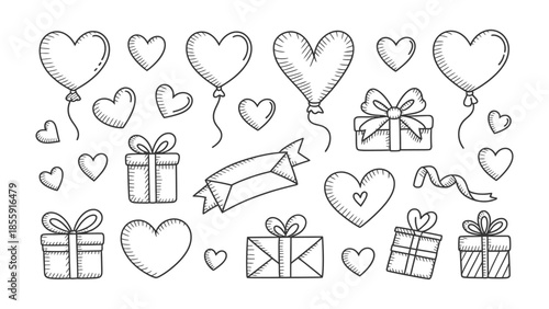 Love's Embrace: Collection of hand-drawn balloons, gift boxes, and ribbons in an artistic depiction of love and affection.