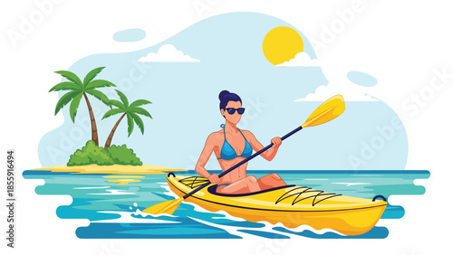 Modern vector illustration of people kayaking on calm tropical sea with islands in background, outdoor adventure vacation scene, ideal for travel visuals