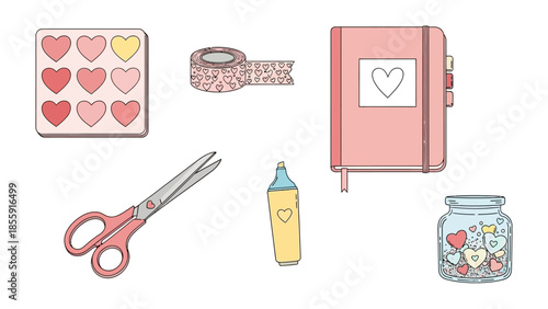 Creative Corner: A collection of crafting essentials, featuring heart-shaped embellishments, stationery, and tools to inspire DIY projects and creative expression. 