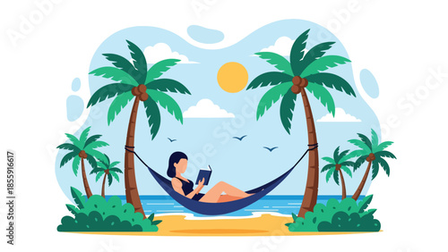 Modern vector illustration of woman relaxing in hammock between palm trees, peaceful tropical vacation scene, ideal for wellness and travel content