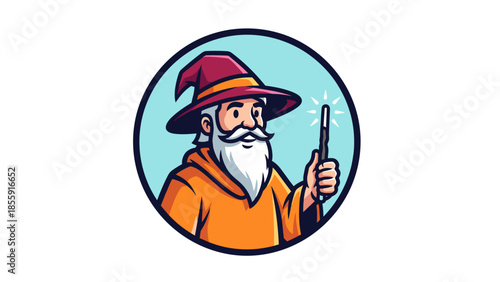 Cartoon Wizard with Wand in Circle Frame Illustration.