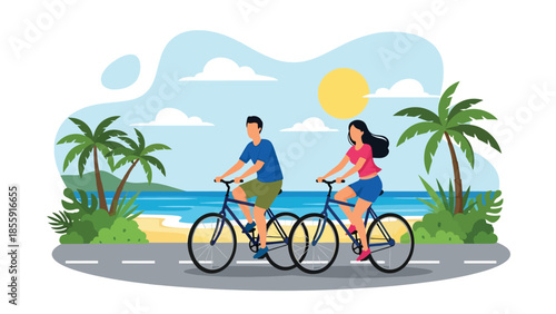 Modern vector illustration of couple cycling along tropical coastal road with palm trees and ocean, active travel lifestyle scene, ideal for tourism designs