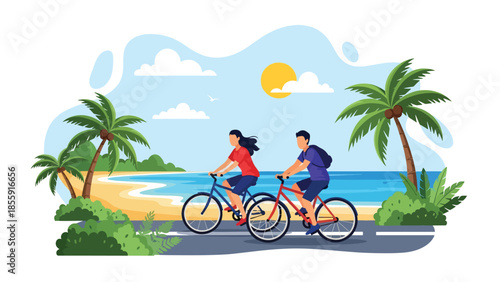 Modern vector illustration of couple cycling along tropical coastal road with palm trees and ocean, active travel lifestyle scene, ideal for tourism designs