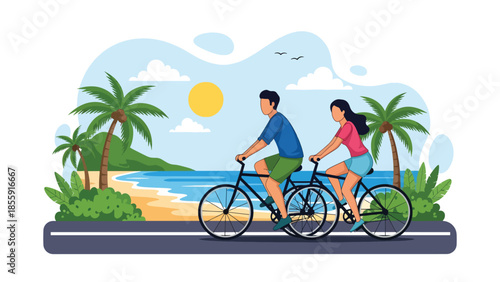 Modern vector illustration of couple cycling along tropical coastal road with palm trees and ocean, active travel lifestyle scene, ideal for tourism designs