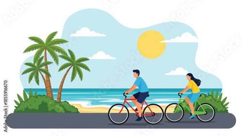 Modern vector illustration of couple cycling along tropical coastal road with palm trees and ocean, active travel lifestyle scene, ideal for tourism designs