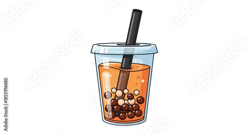 Illustration of Boba Tea with Tapioca Pearls and a Straw.
