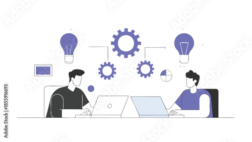 Two business partners working together on laptops with lightbulbs and gears representing ideas and innovation in a modern office setting
