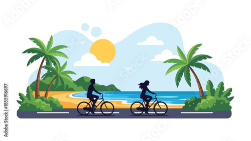Modern vector illustration of couple cycling along tropical coastal road with palm trees and ocean, active travel lifestyle scene, ideal for tourism designs