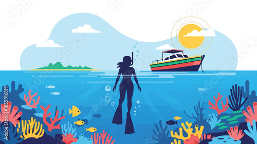 Modern vector illustration of people snorkeling near tropical reef from boat, ocean adventure vacation scene, ideal for travel and marine activity visuals