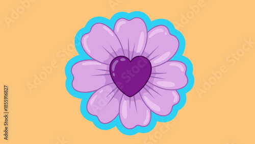 Purple Heart Flower Illustration with Blue Outline on Peach Background.