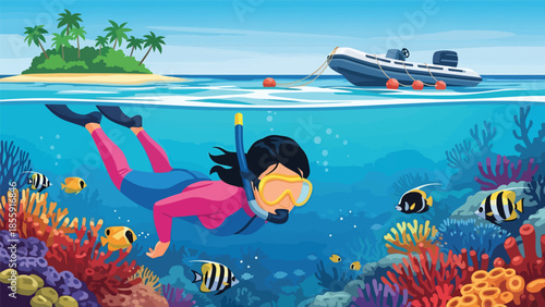 Modern vector illustration of people snorkeling near tropical reef from boat, ocean adventure vacation scene, ideal for travel and marine activity visuals