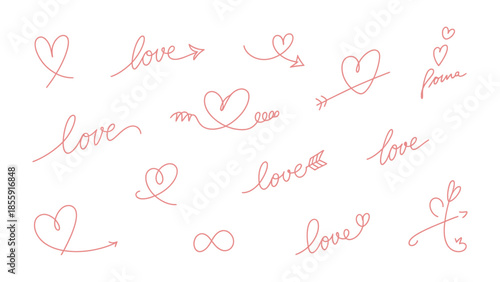 Love and Heart Icon Set: A collection of heart icons and the word love, perfect for conveying sentiments of affection, warmth, and connection.
