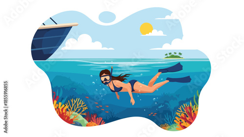 Modern vector illustration of people snorkeling near tropical reef from boat, ocean adventure vacation scene, ideal for travel and marine activity visuals