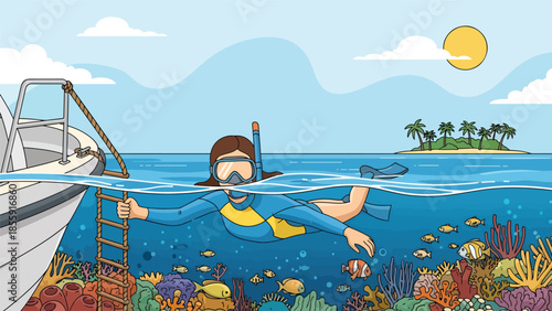 Modern vector illustration of people snorkeling near tropical reef from boat, ocean adventure vacation scene, ideal for travel and marine activity visuals