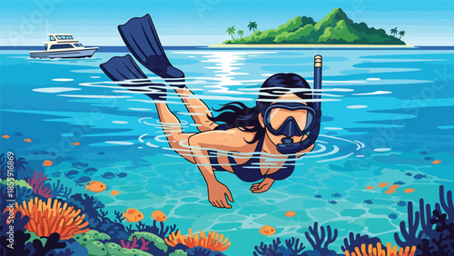 Modern vector illustration of people snorkeling near tropical reef from boat, ocean adventure vacation scene, ideal for travel and marine activity visuals