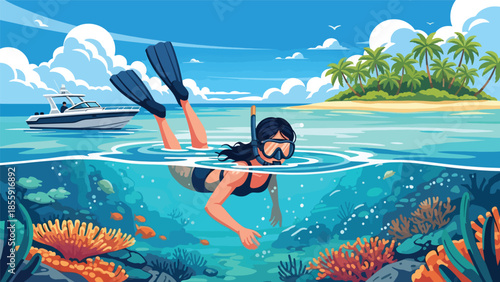 Modern vector illustration of people snorkeling near tropical reef from boat, ocean adventure vacation scene, ideal for travel and marine activity visuals