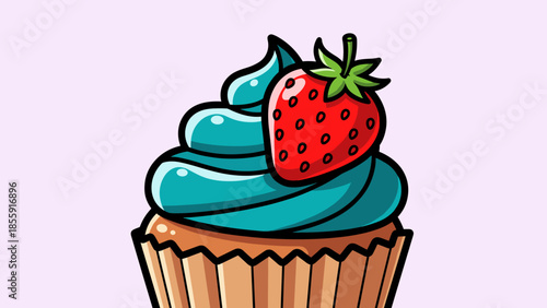 Delicious Cupcake with Blue Frosting and Fresh Strawberry Topping.