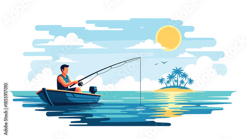 Modern vector illustration of man fisherman fishing from small boat in tropical sea with island background, peaceful vacation scene, ideal for travel and leisure visuals
