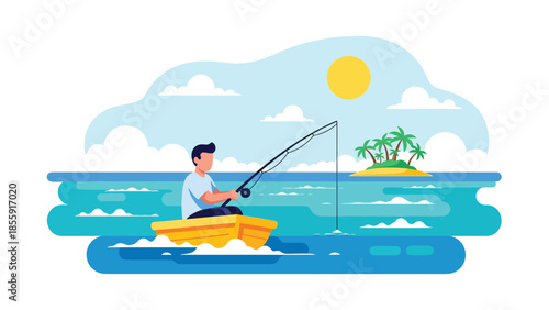Modern vector illustration of man fisherman fishing from small boat in tropical sea with island background, peaceful vacation scene, ideal for travel and leisure visuals