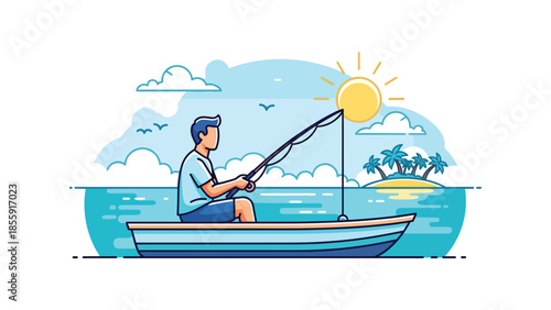 Modern vector illustration of man fisherman fishing from small boat in tropical sea with island background, peaceful vacation scene, ideal for travel and leisure visuals