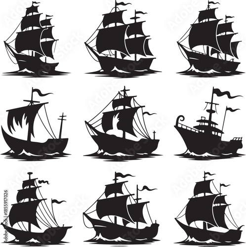 Collection of vintage sailing ships and pirate boats illustration set