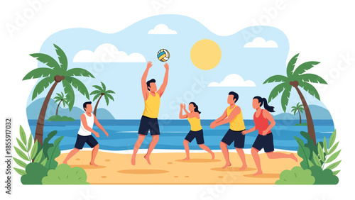 Modern vector illustration of people playing beach volleyball on tropical beach with palm trees, active summer vacation scene, ideal for sports travel visuals