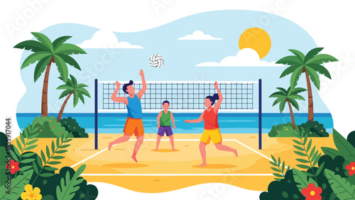 Modern vector illustration of people playing beach volleyball on tropical beach with palm trees, active summer vacation scene, ideal for sports travel visuals