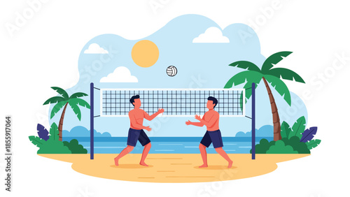 Modern vector illustration of people playing beach volleyball on tropical beach with palm trees, active summer vacation scene, ideal for sports travel visuals