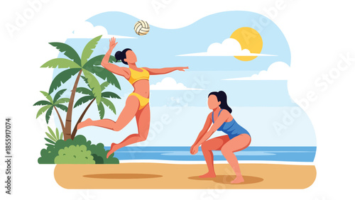 Modern vector illustration of people playing beach volleyball on tropical beach with palm trees, active summer vacation scene, ideal for sports travel visuals