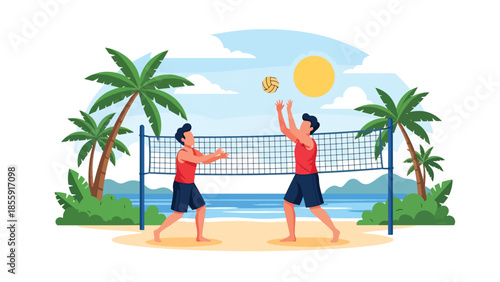 Modern vector illustration of people playing beach volleyball on tropical beach with palm trees, active summer vacation scene, ideal for sports travel visuals