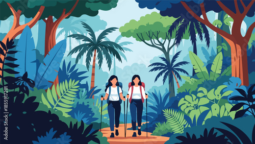 Modern vector illustration of people hiking through tropical jungle with lush trees, adventure travel scene, ideal for eco tourism and exploration themes