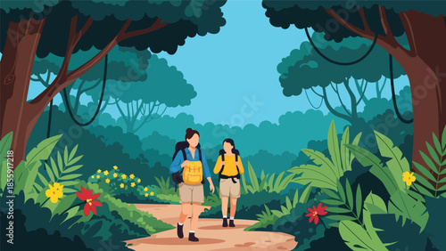 Modern vector illustration of people hiking through tropical jungle with lush trees, adventure travel scene, ideal for eco tourism and exploration themes