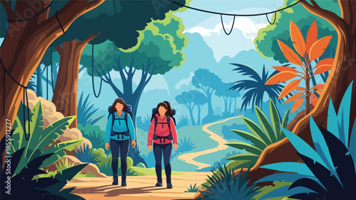 Modern vector illustration of people hiking through tropical jungle with lush trees, adventure travel scene, ideal for eco tourism and exploration themes