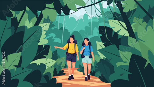 Modern vector illustration of people hiking through tropical jungle with lush trees, adventure travel scene, ideal for eco tourism and exploration themes