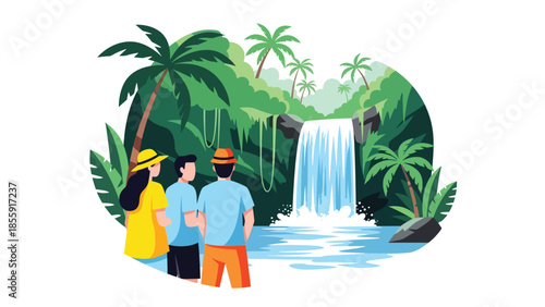 Modern vector illustration of tourists taking photos near tropical waterfall in jungle, adventure travel scene, ideal for tourism and exploration visuals
