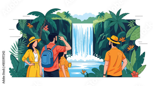 Modern vector illustration of tourists taking photos near tropical waterfall in jungle, adventure travel scene, ideal for tourism and exploration visuals
