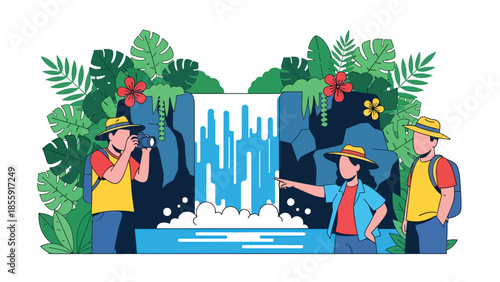 Modern vector illustration of tourists taking photos near tropical waterfall in jungle, adventure travel scene, ideal for tourism and exploration visuals