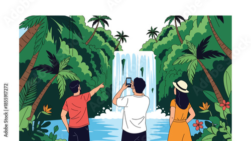 Modern vector illustration of tourists taking photos near tropical waterfall in jungle, adventure travel scene, ideal for tourism and exploration visuals