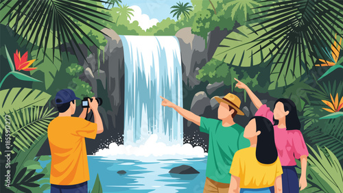 Modern vector illustration of tourists taking photos near tropical waterfall in jungle, adventure travel scene, ideal for tourism and exploration visuals