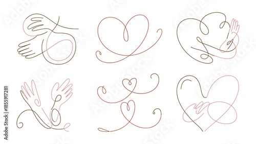 Endless Embrace: A collection of minimalist line drawings showcases the beauty of connection, with interwoven hands and hearts elegantly captured in a seamless, unbroken flow.