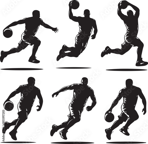 Silhouettes of Basketball Players in Action on White Background