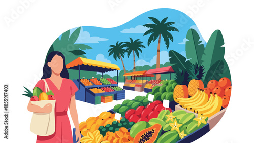 Modern vector illustration of woman shopping at tropical outdoor market with fruit stalls, local travel experience scene, ideal for tourism and culture content