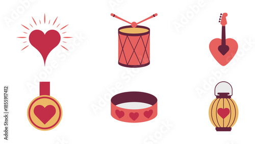 Hearts in Harmony: An assortment of heart-shaped musical instruments and objects, including drum, guitar and lantern, with a warm and inviting feel. 