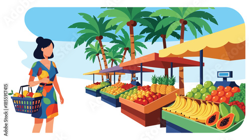 Modern vector illustration of woman shopping at tropical outdoor market with fruit stalls, local travel experience scene, ideal for tourism and culture content