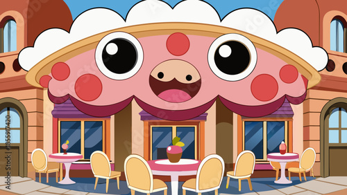 An adorable cartoon cupcake-themed cafe with a smiling dessert-faced building exterior and outdoor seating under a bright blue sky.