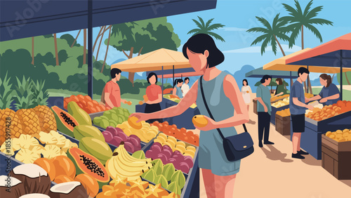 Modern vector illustration of woman shopping at tropical outdoor market with fruit stalls, local travel experience scene, ideal for tourism and culture content